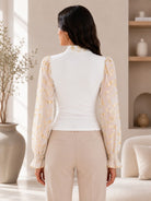 Ladies White Floral Print Tie Neck Mesh Sleeve Top - StylePhase SA