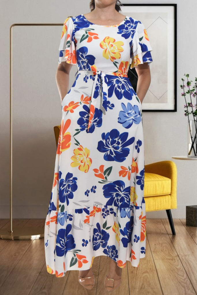 Ladies White Floral Tie Maxi Dress - StylePhase SA