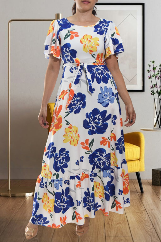 Ladies White Floral Tie Maxi Dress - StylePhase SA