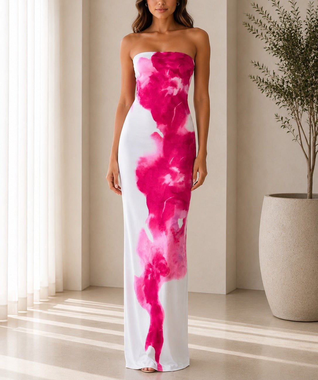Ladies White Fuchsia Strapless Maxi Dress - StylePhase SA