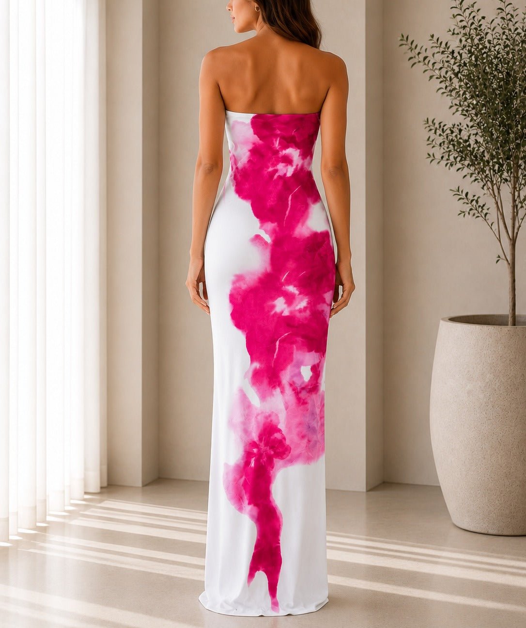Ladies White Fuchsia Strapless Maxi Dress - StylePhase SA