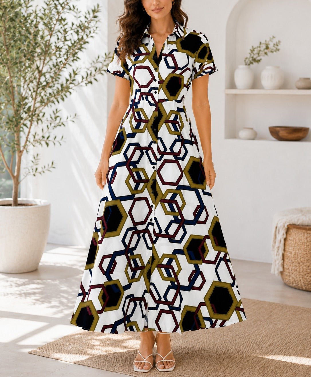 Ladies White Geometric Print Button Down Maxi Dress - StylePhase SA