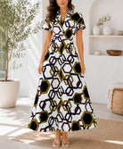 Ladies White Geometric Print Button Down Maxi Dress - StylePhase SA