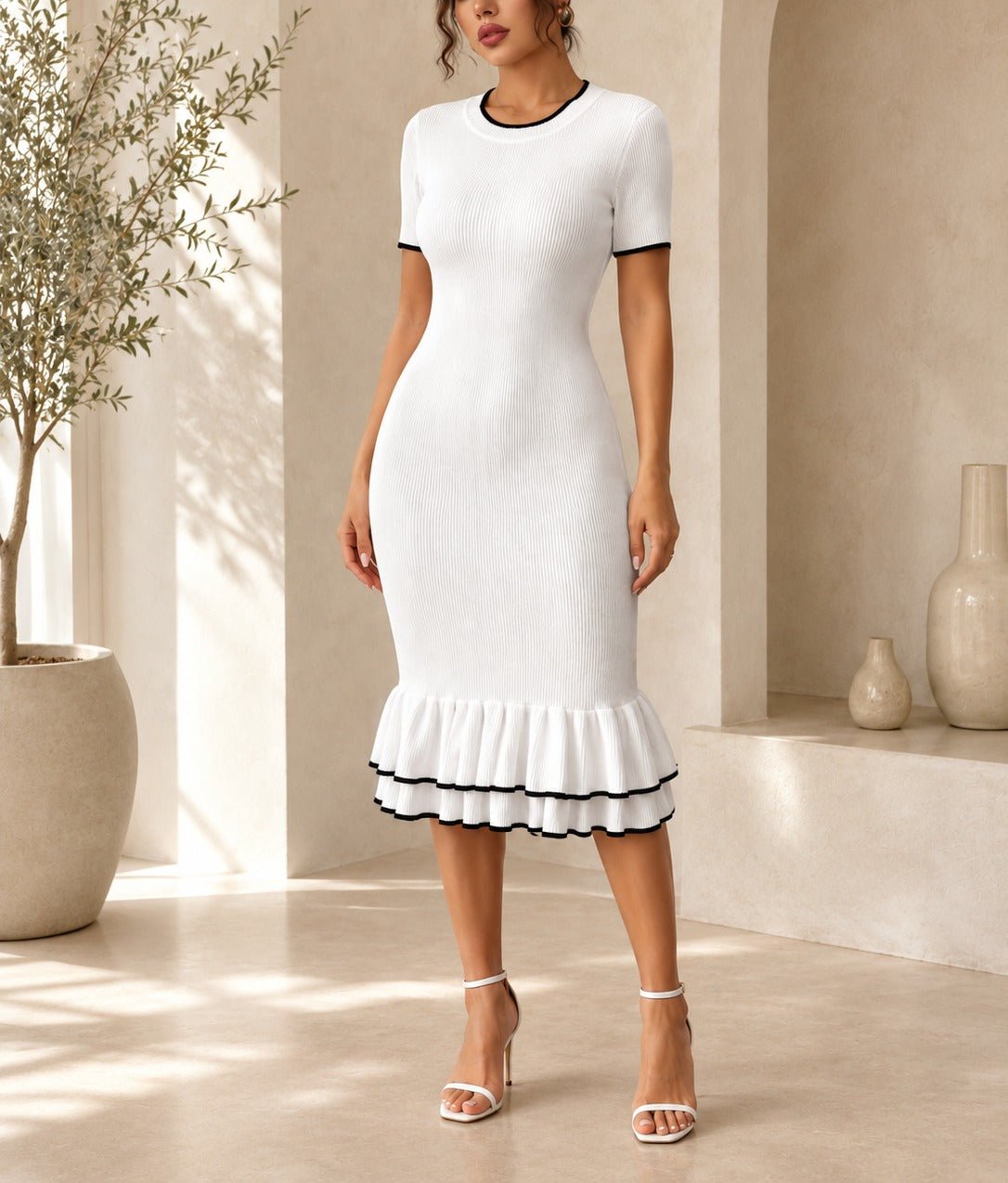 Ladies White Jersey Ruffle Dress- New Feeling - StylePhase SA