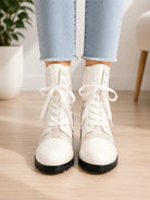 Ladies White Lace Up Block Heel Boot - StylePhase SA