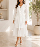 Ladies White Lined Ruffle V-Neckline Chiffon Dress - StylePhase SA
