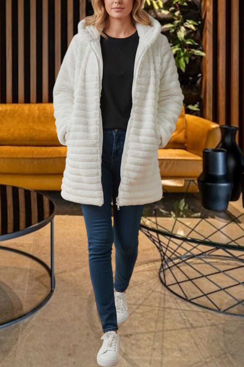 Ladies White Long Fur Pattern Jacket - StylePhase SA