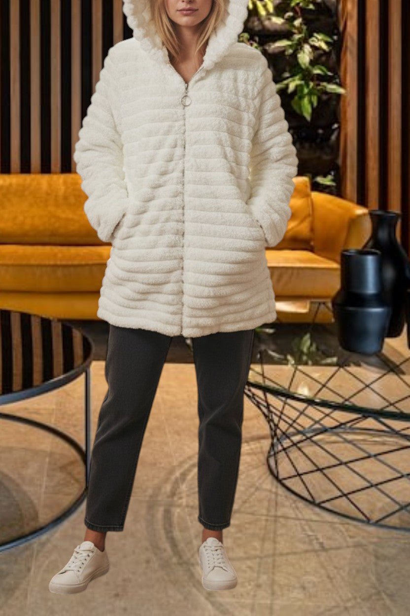 Ladies White Long Fur Pattern Jacket - StylePhase SA