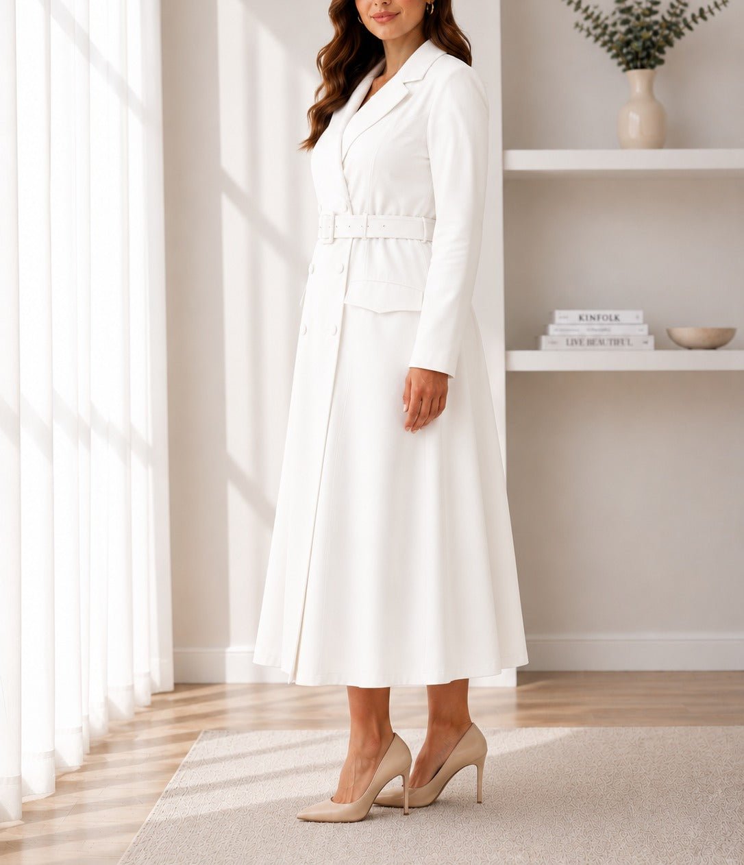 Ladies White Long Sleeve Belt Dress-New Feeling - StylePhase SA