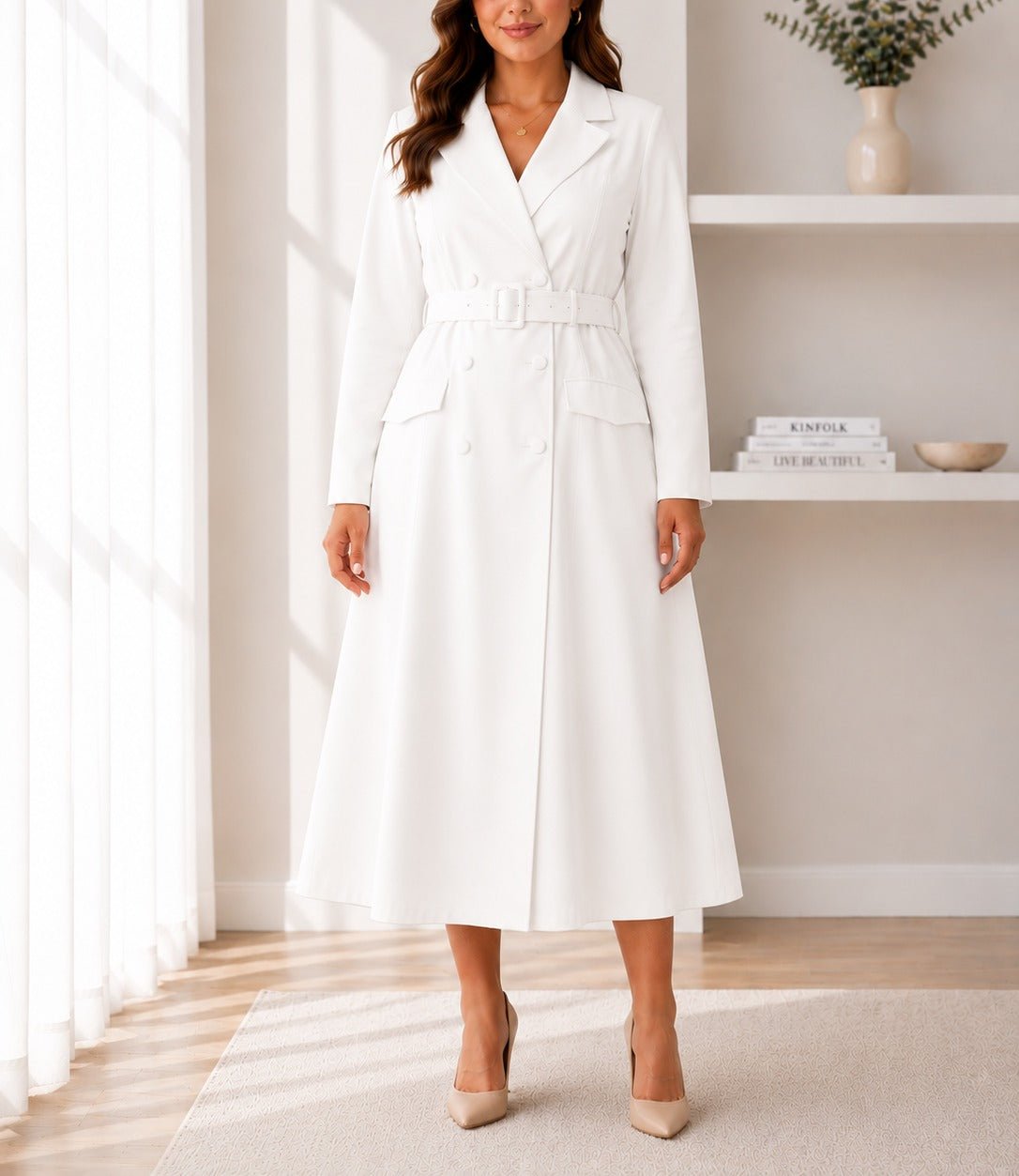Ladies White Long Sleeve Belt Dress-New Feeling - StylePhase SA