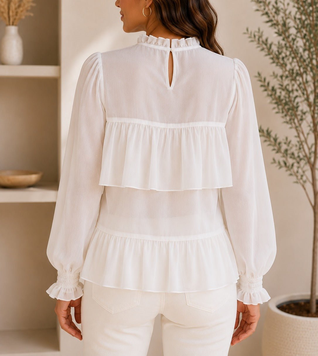 Ladies White Mock Neckline Chiffon Layered Blouse - StylePhase SA