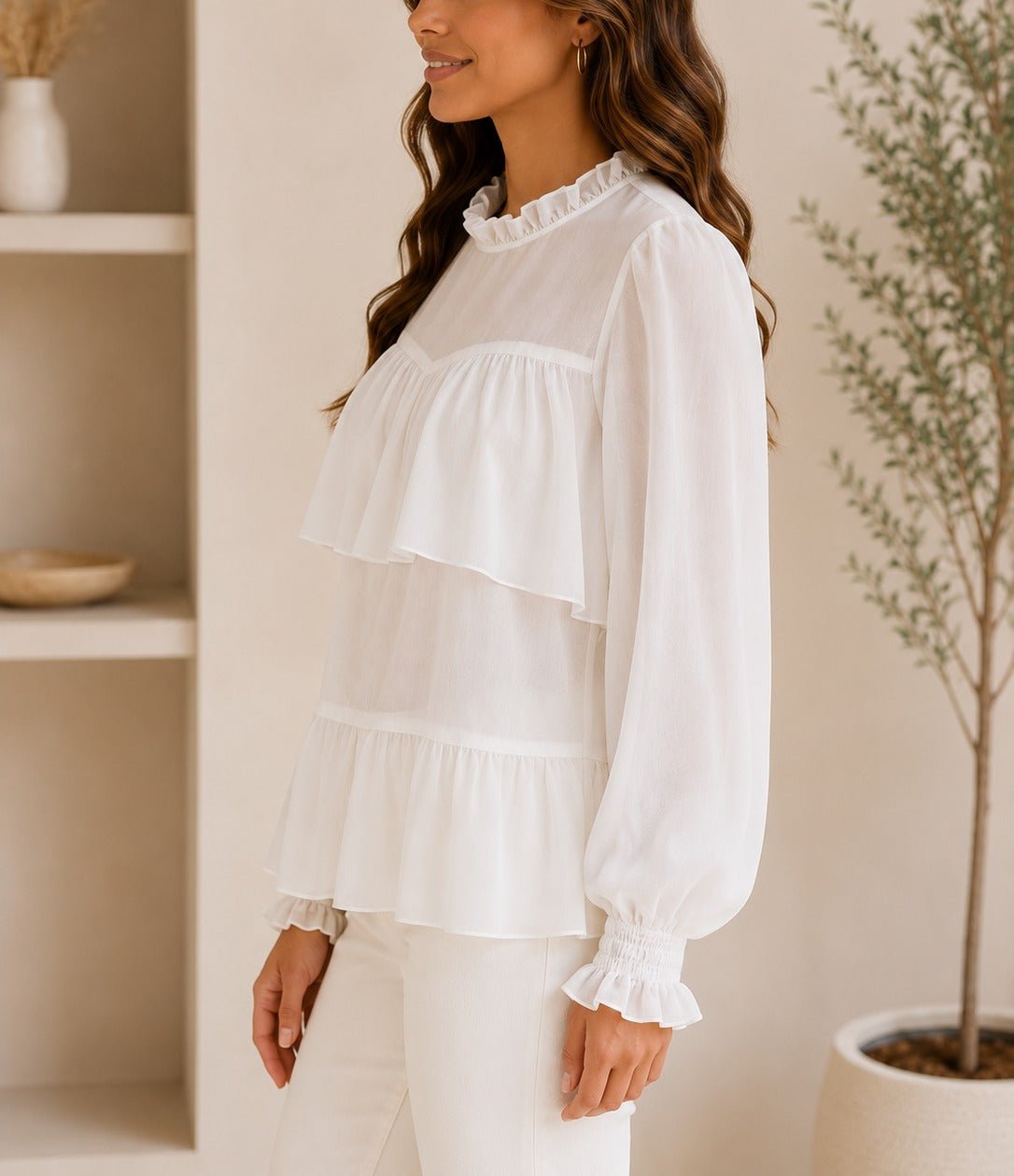 Ladies White Mock Neckline Chiffon Layered Blouse - StylePhase SA