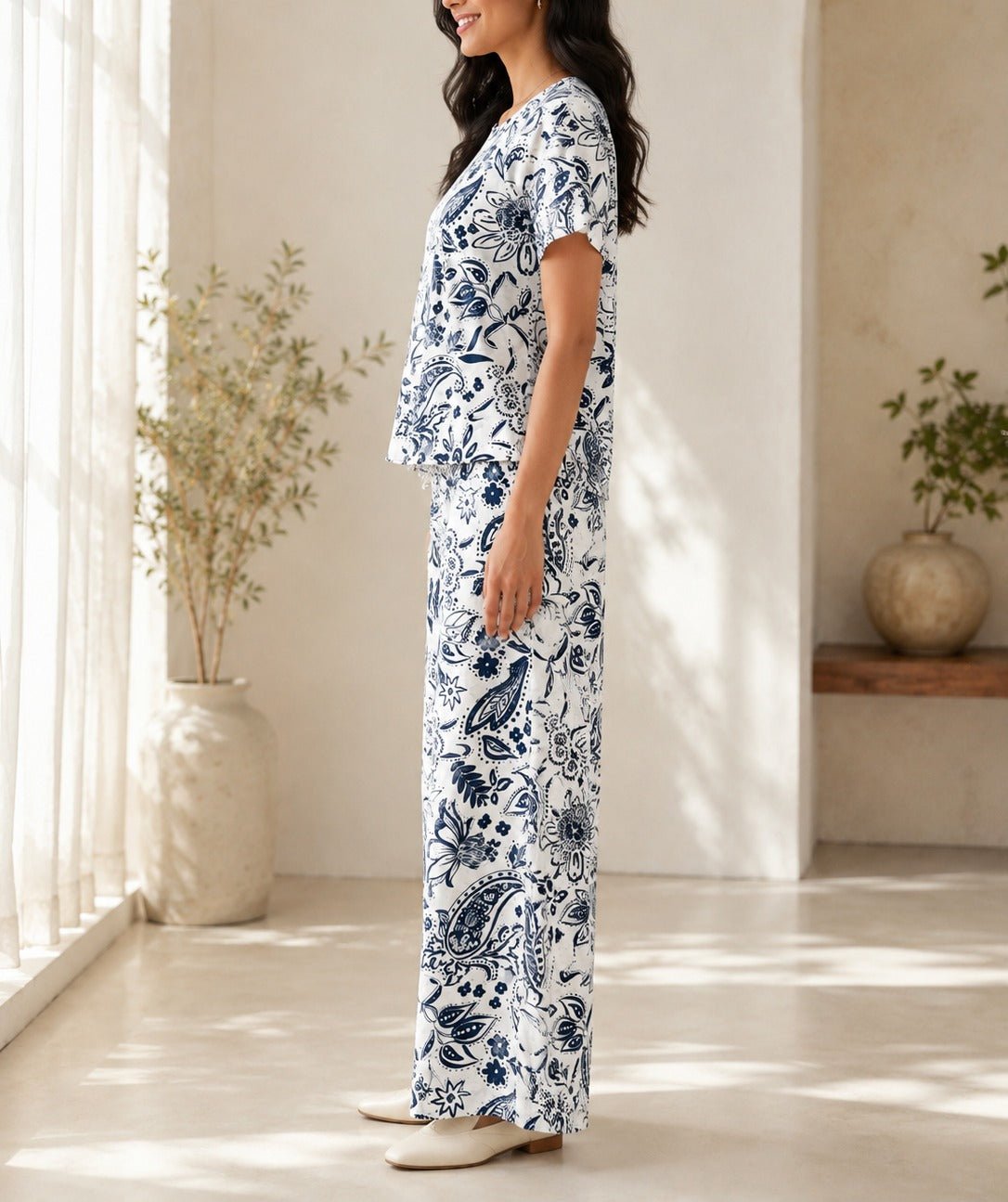 Ladies White Paisley Print Two-Piece Set - StylePhase SA