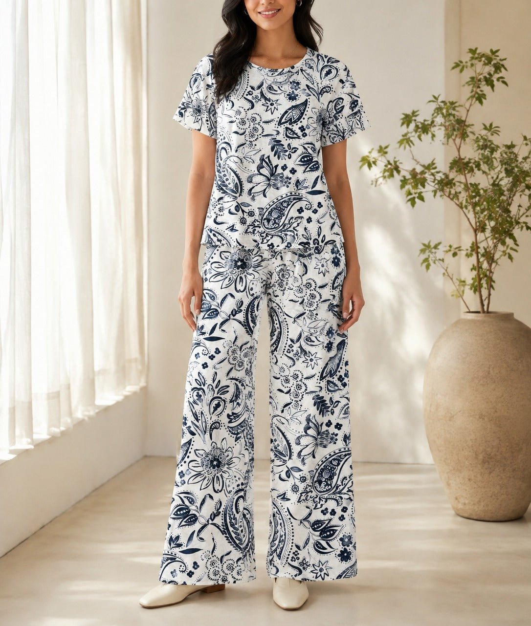 Ladies White Paisley Print Two-Piece Set - StylePhase SA