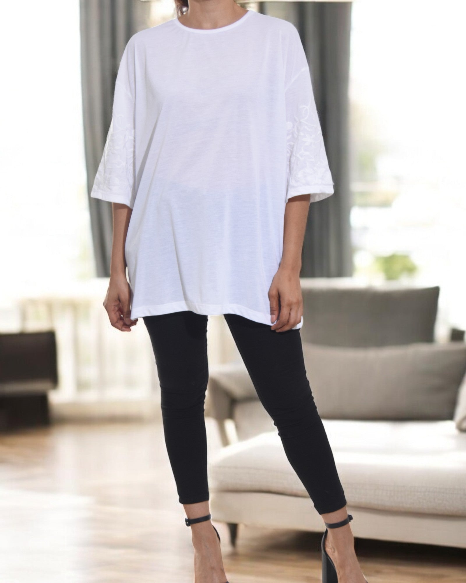 Ladies White Pattern Sleeve Top - StylePhase SA