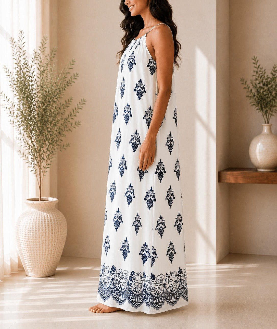 Ladies White Patterned Sleeveless Maxi Dress - StylePhase SA