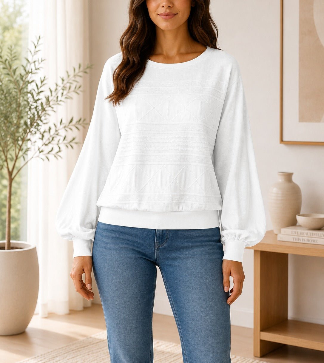 Ladies White Peplum Sleeve Knit Top - StylePhase SA