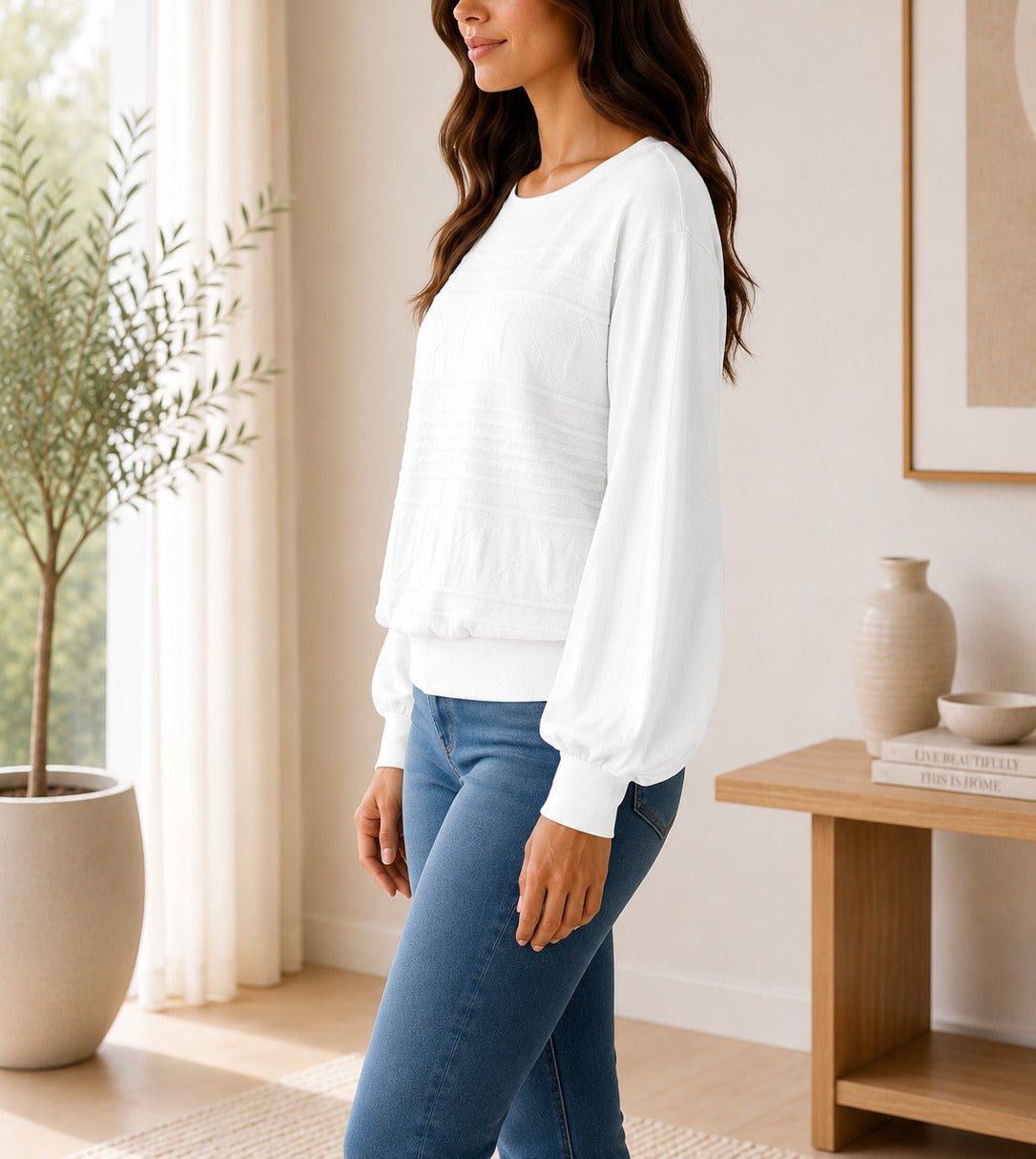 Ladies White Peplum Sleeve Knit Top - StylePhase SA
