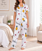 Ladies White Pineapple Print Satin Pyjama Set - StylePhase SA