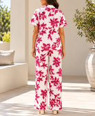 Side view of ladies white and pink floral two piece set