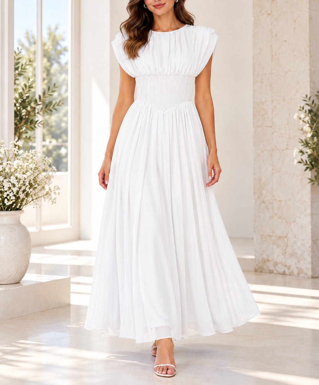 Ladies White Pleated Smocked Maxi Dress - StylePhase SA