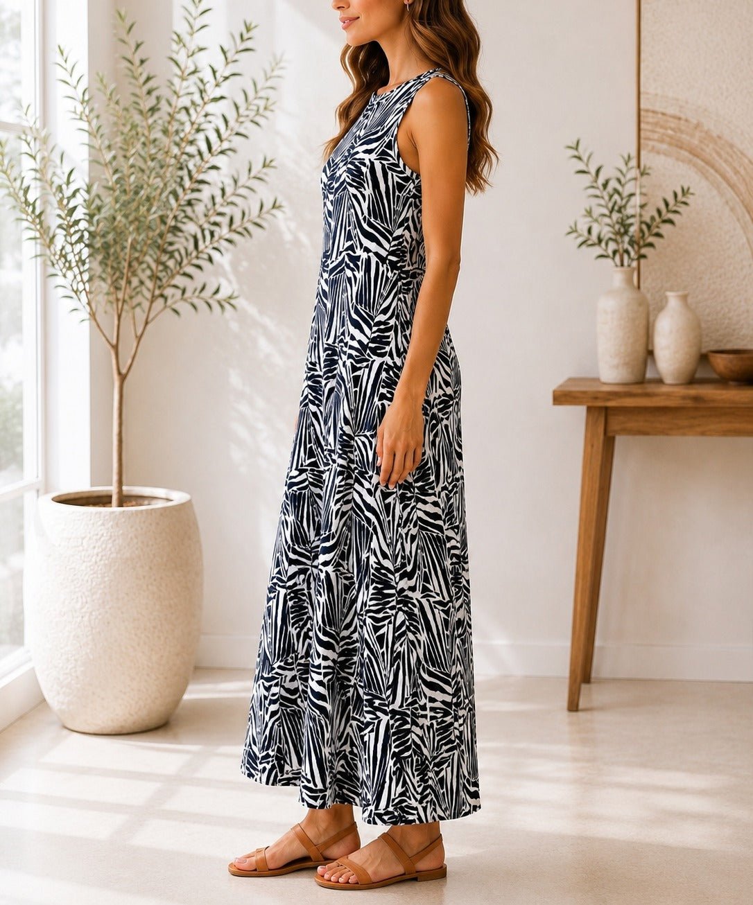 Ladies White Printed Crinkle Sleeveless Dress - StylePhase SA