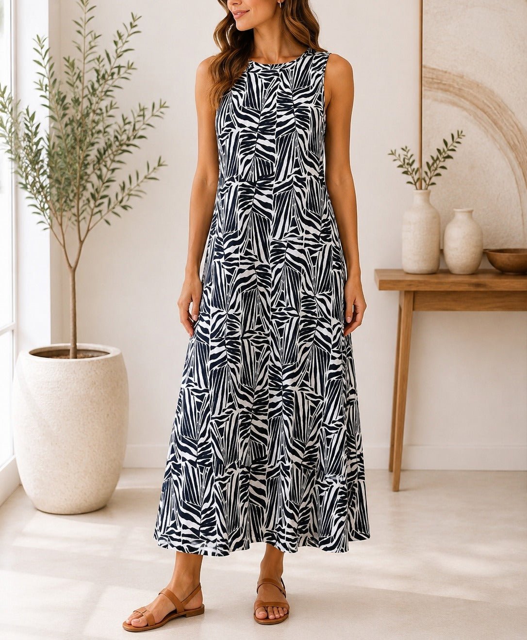Ladies White Printed Crinkle Sleeveless Dress - StylePhase SA