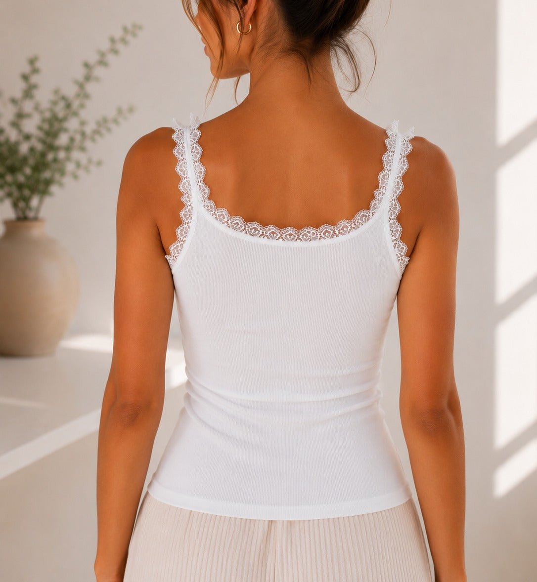 Ladies White Ribbed Lace-Trim Tank Top - StylePhase SA
