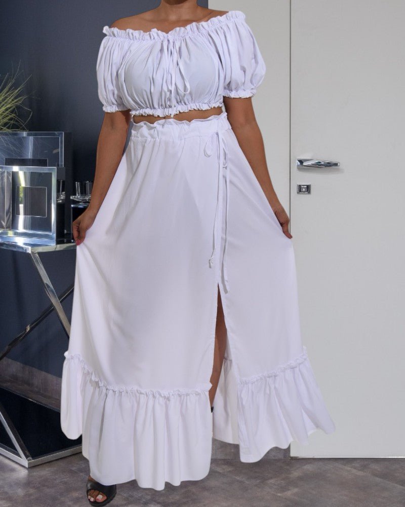 Ladies White Ruffle Trim Crop Top and High Slit Skirt Set - StylePhase SA