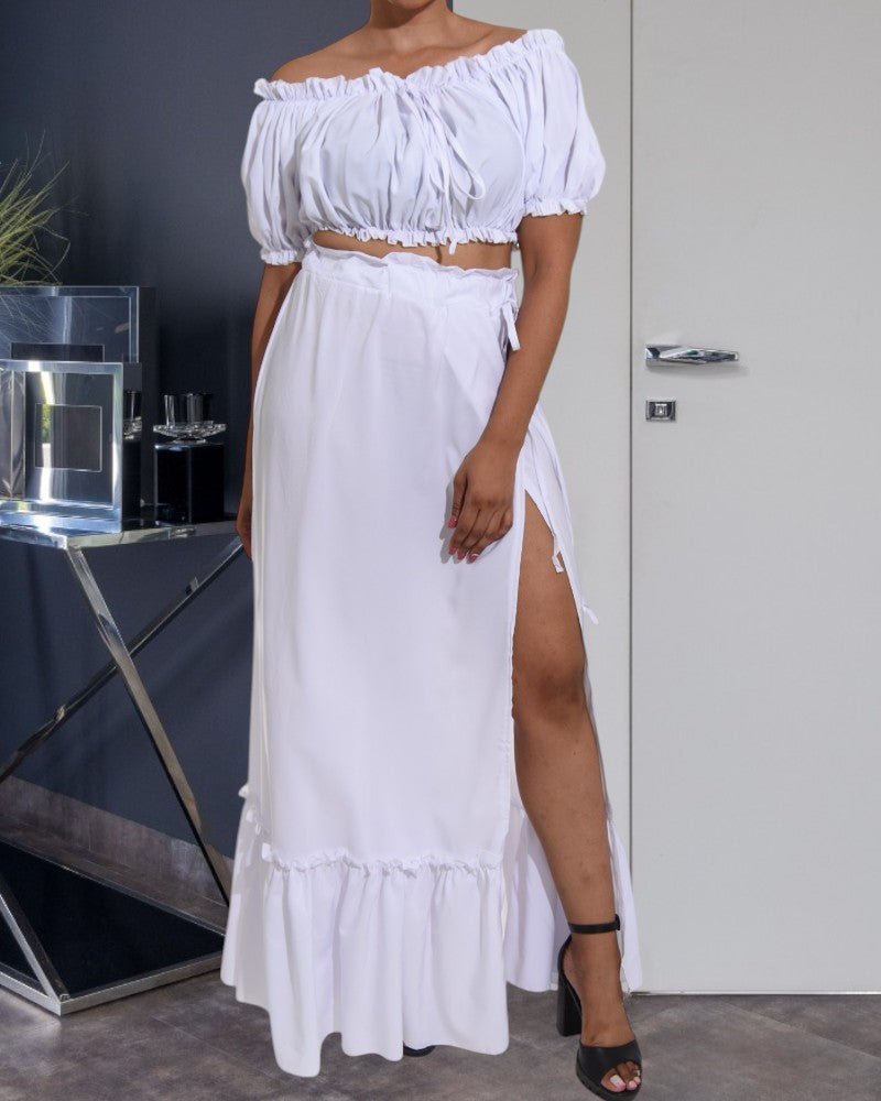 Ladies White Ruffle Trim Crop Top and High Slit Skirt Set - StylePhase SA