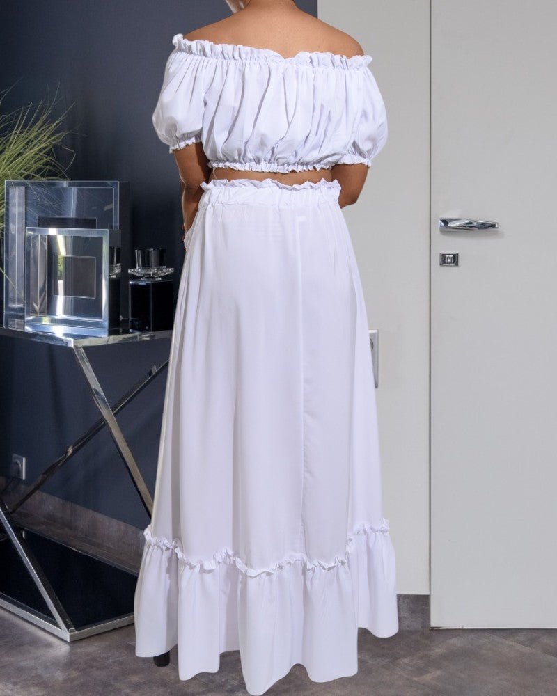 Ladies White Ruffle Trim Crop Top and High Slit Skirt Set - StylePhase SA