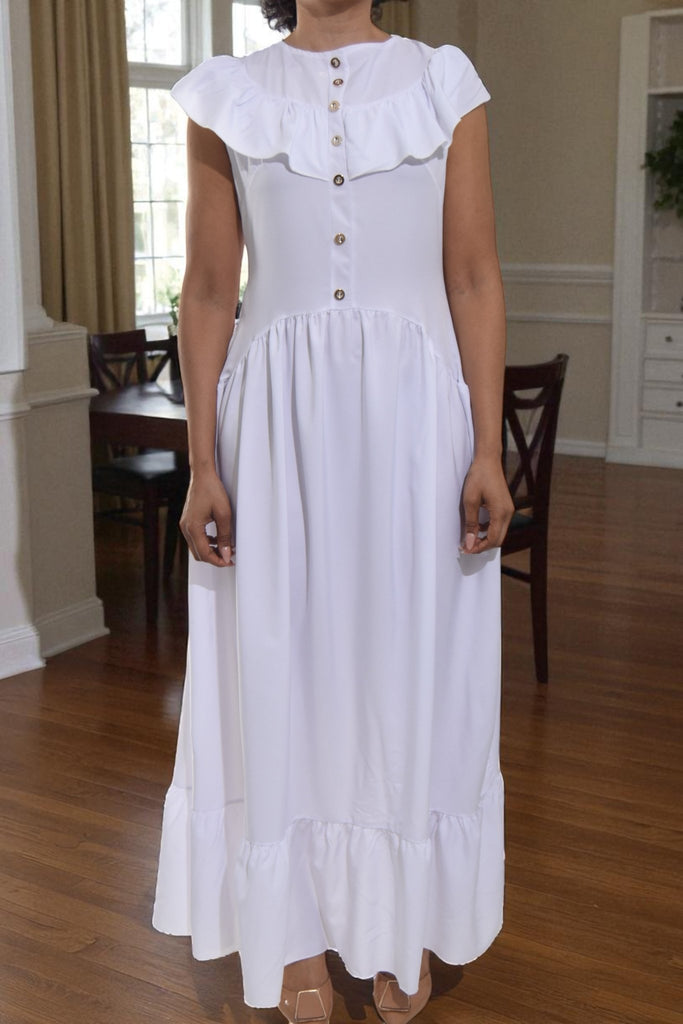 Ladies White Ruffled Button Tier Dress - StylePhase SA