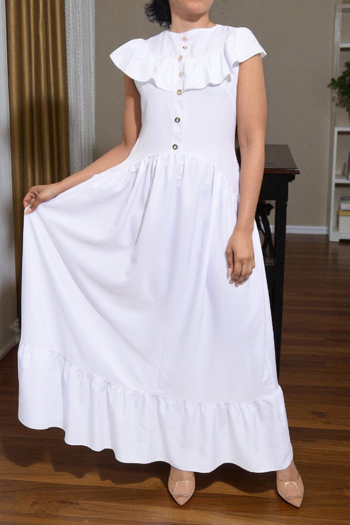 Ladies White Ruffled Button Tier Dress - StylePhase SA