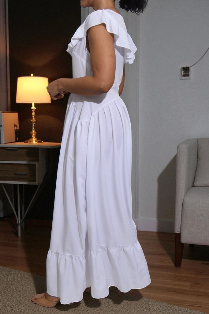 Ladies White Ruffled Button Tier Dress - StylePhase SA