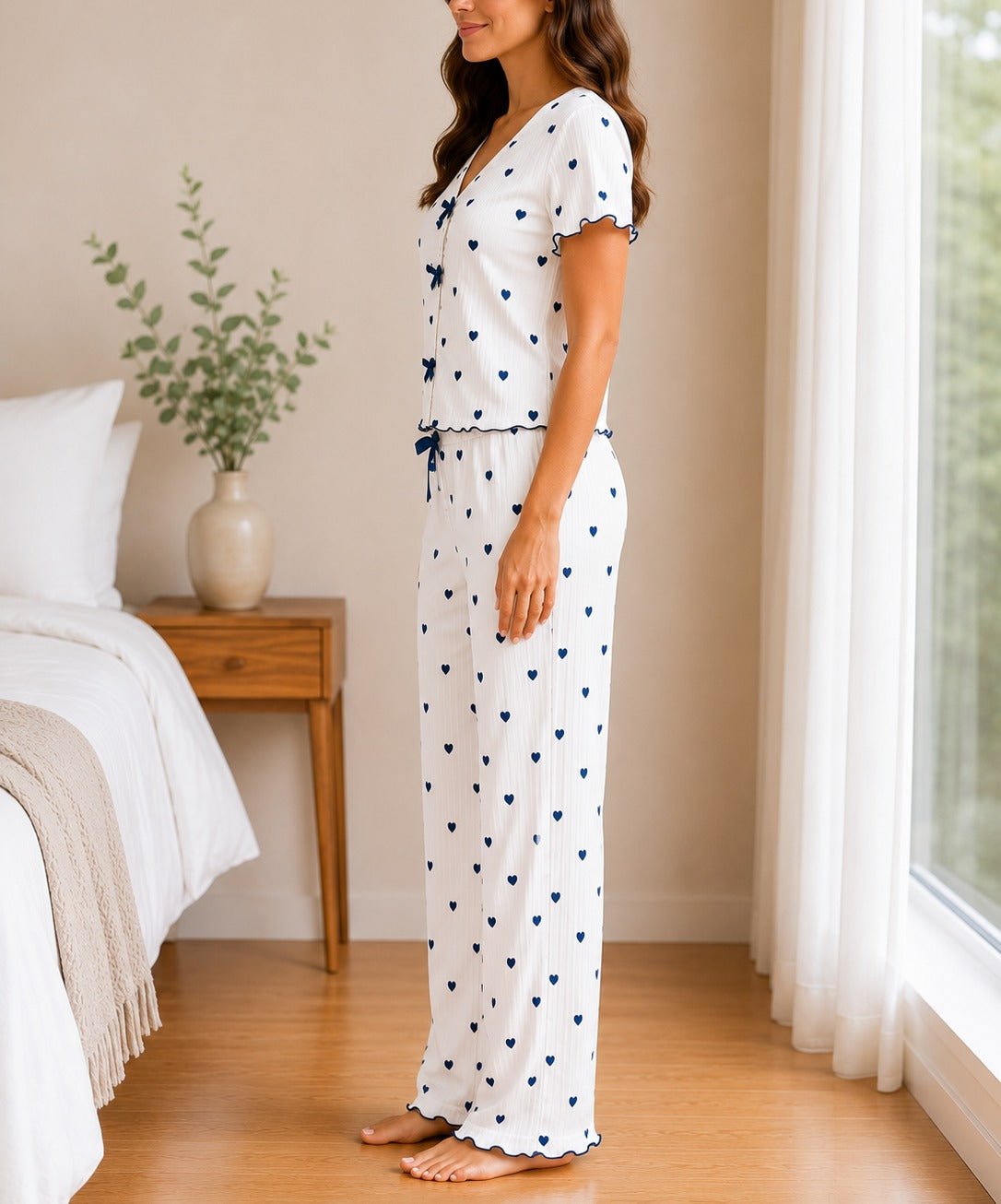 Ladies White Short Sleeve Bow Detail Heart Pyjama Set - StylePhase SA