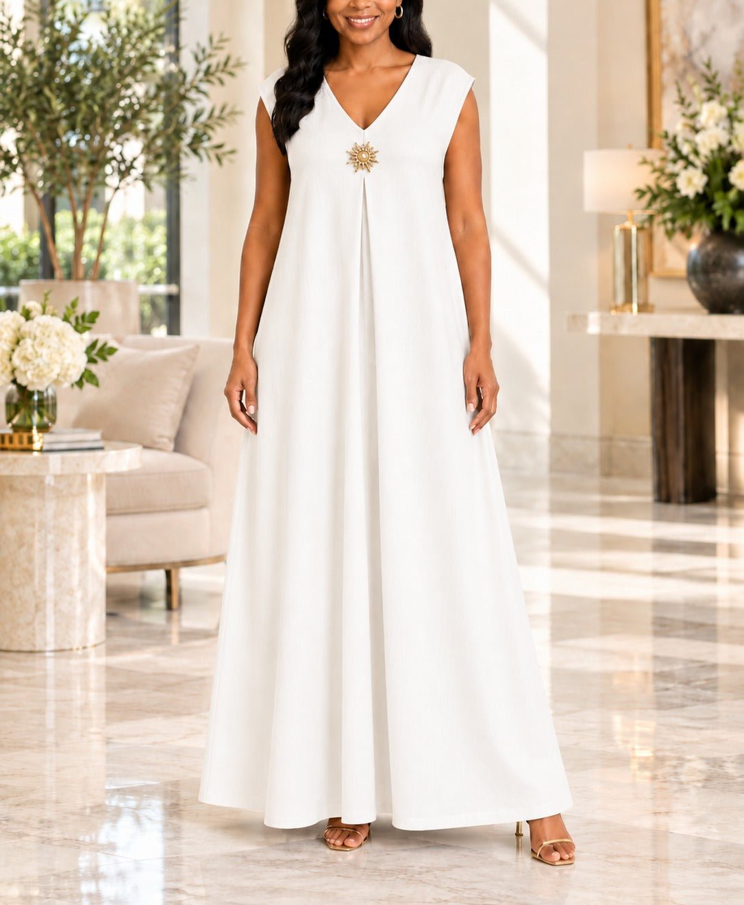 Ladies White Sleeveless Sunburst Brooch Maxi Dress - StylePhase SA