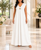 Ladies White Sleeveless Sunburst Brooch Maxi Dress - StylePhase SA
