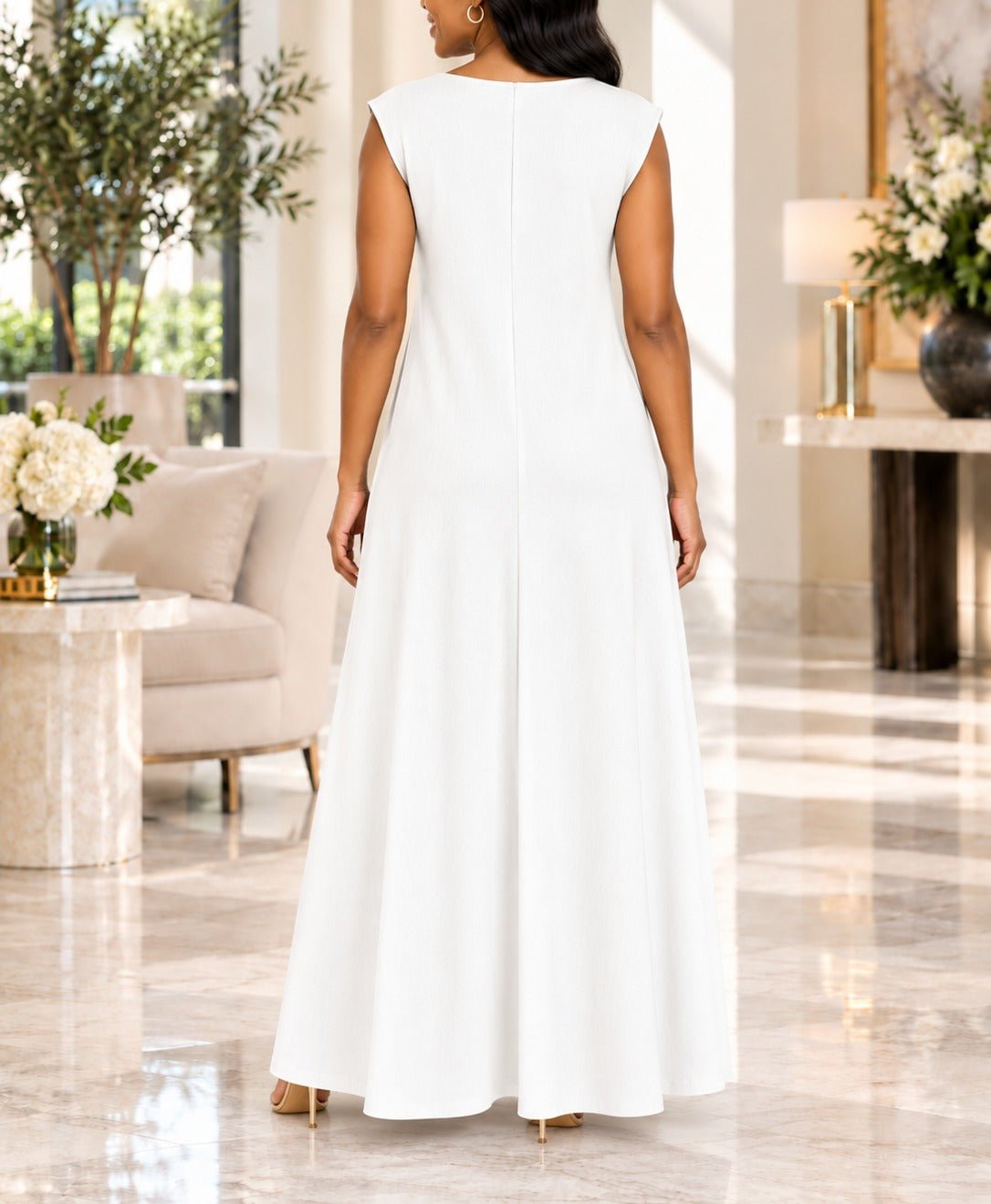 Ladies White Sleeveless Sunburst Brooch Maxi Dress - StylePhase SA