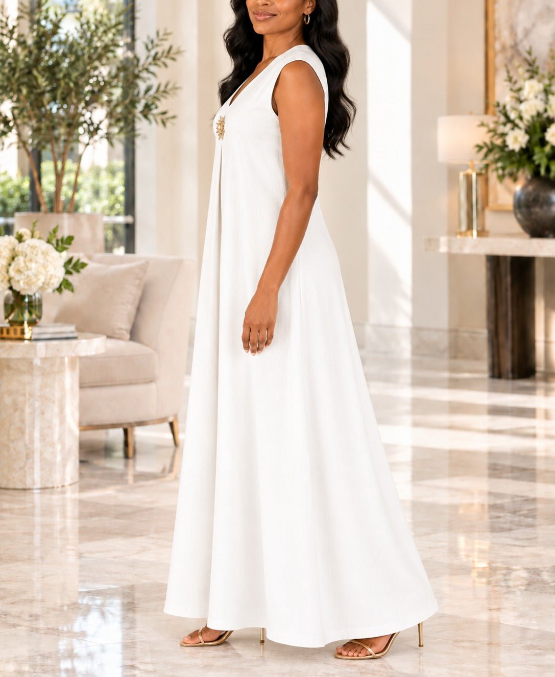 Ladies White Sleeveless Sunburst Brooch Maxi Dress - StylePhase SA