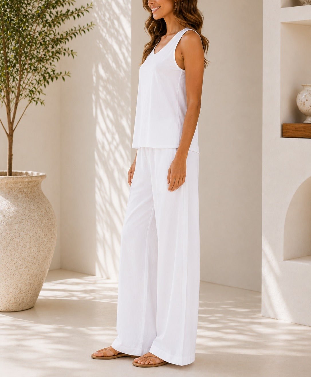 Ladies White Sleeveless Two-piece New Feeling Set - StylePhase SA