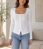 Ladies White Square Neck Button Knit Cardigan - StylePhase SA