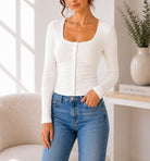 Ladies White Square Neck Button Top - StylePhase SA