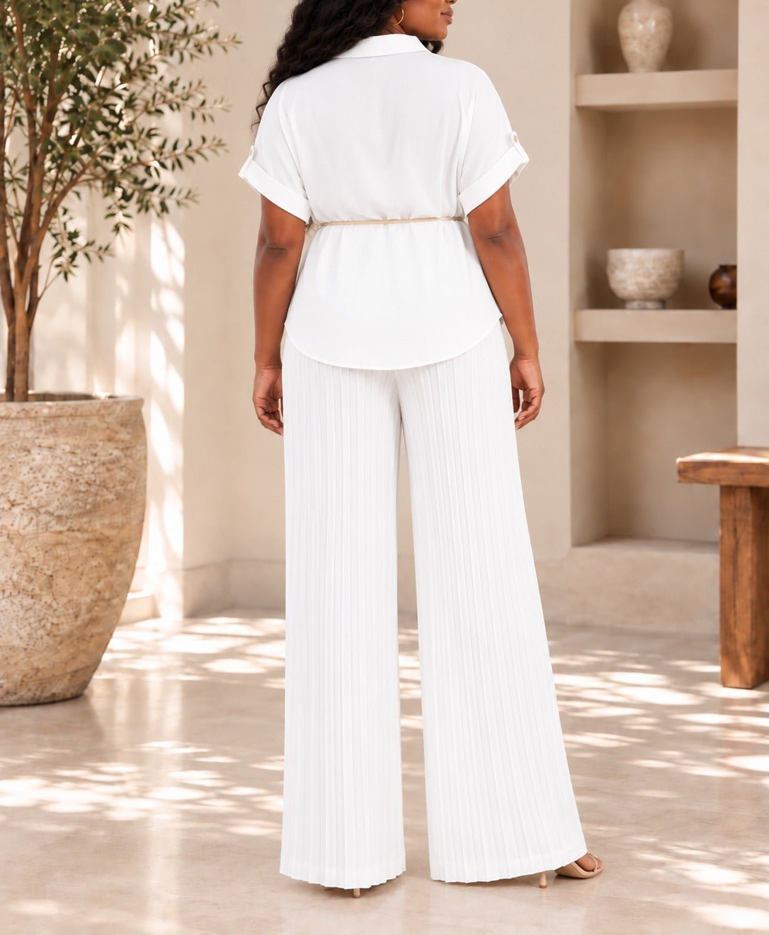 Ladies White Tassel Tie Pleated Two-Piece Set - StylePhase SA