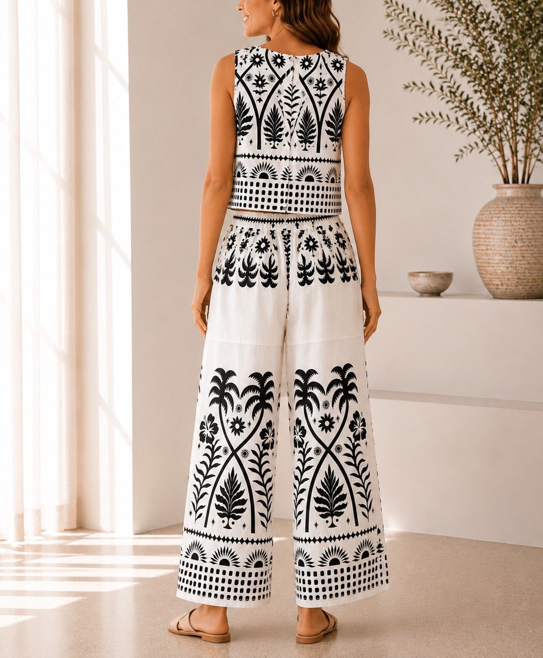 Ladies White Tropical Print Wide Leg Two Piece - StylePhase SA