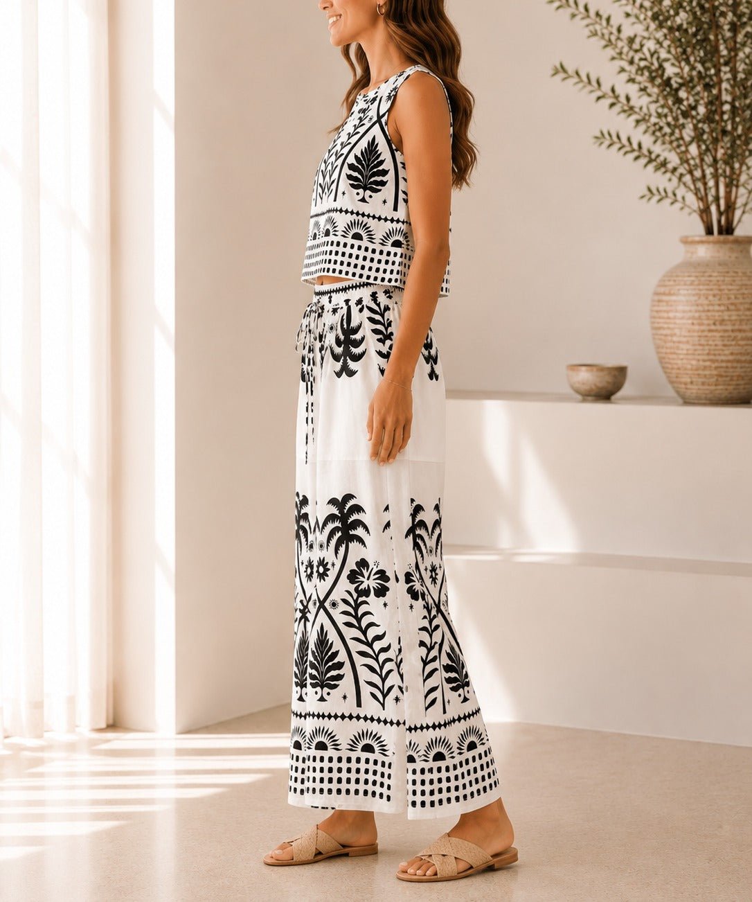 Ladies White Tropical Print Wide Leg Two Piece - StylePhase SA