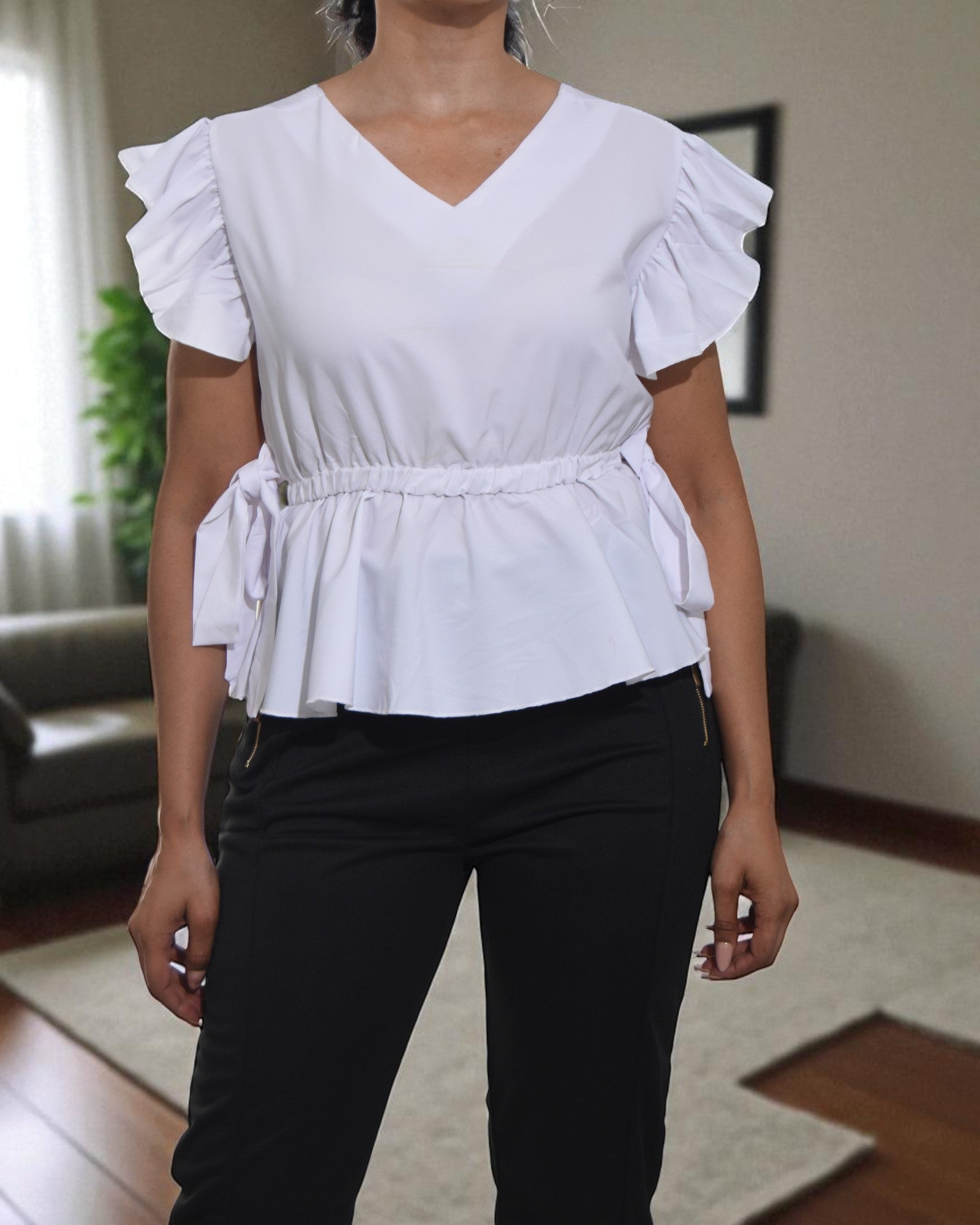 Ladies White V Neck Side Tie Top - StylePhase SA