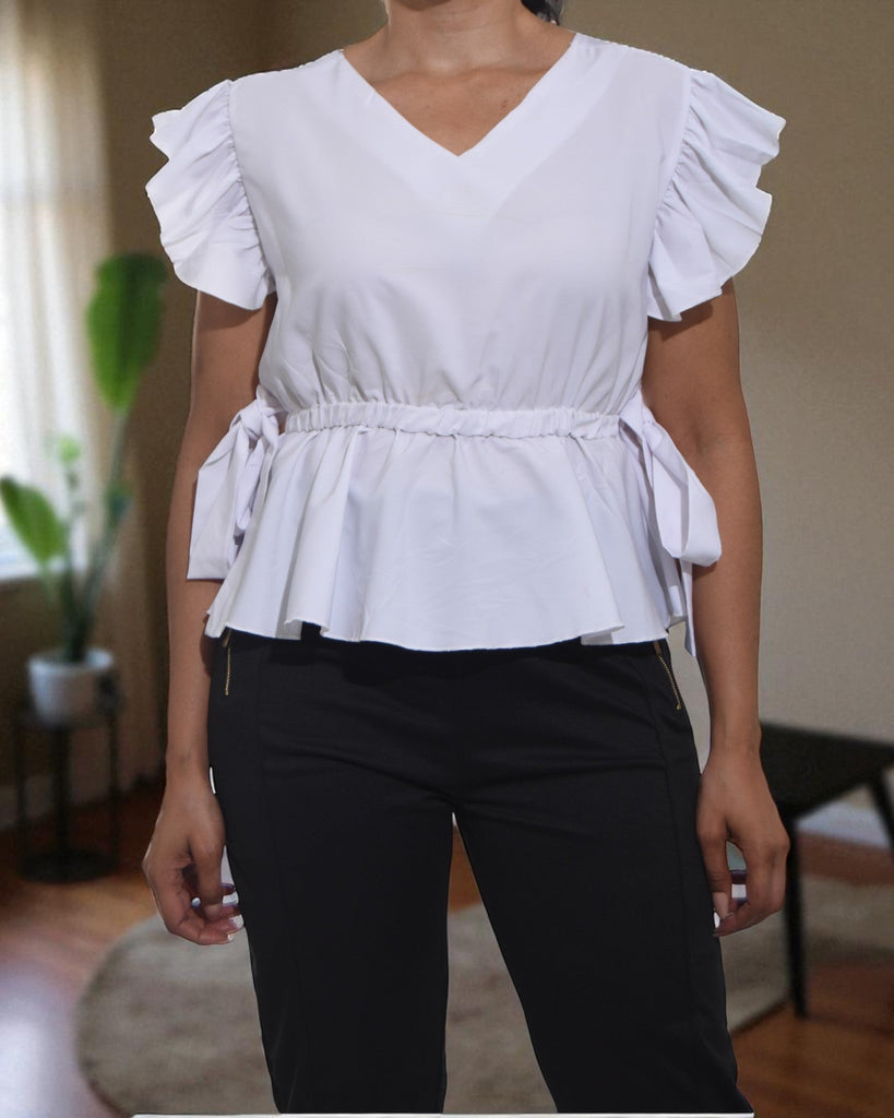 Ladies White V Neck Side Tie Top - StylePhase SA