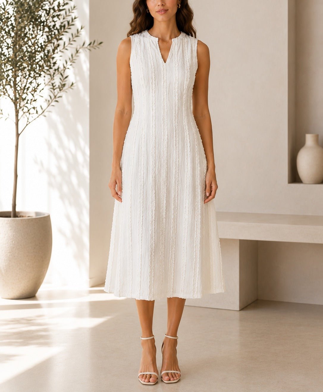Ladies White V Neck Zip Back Pocket Dress - StylePhase SA
