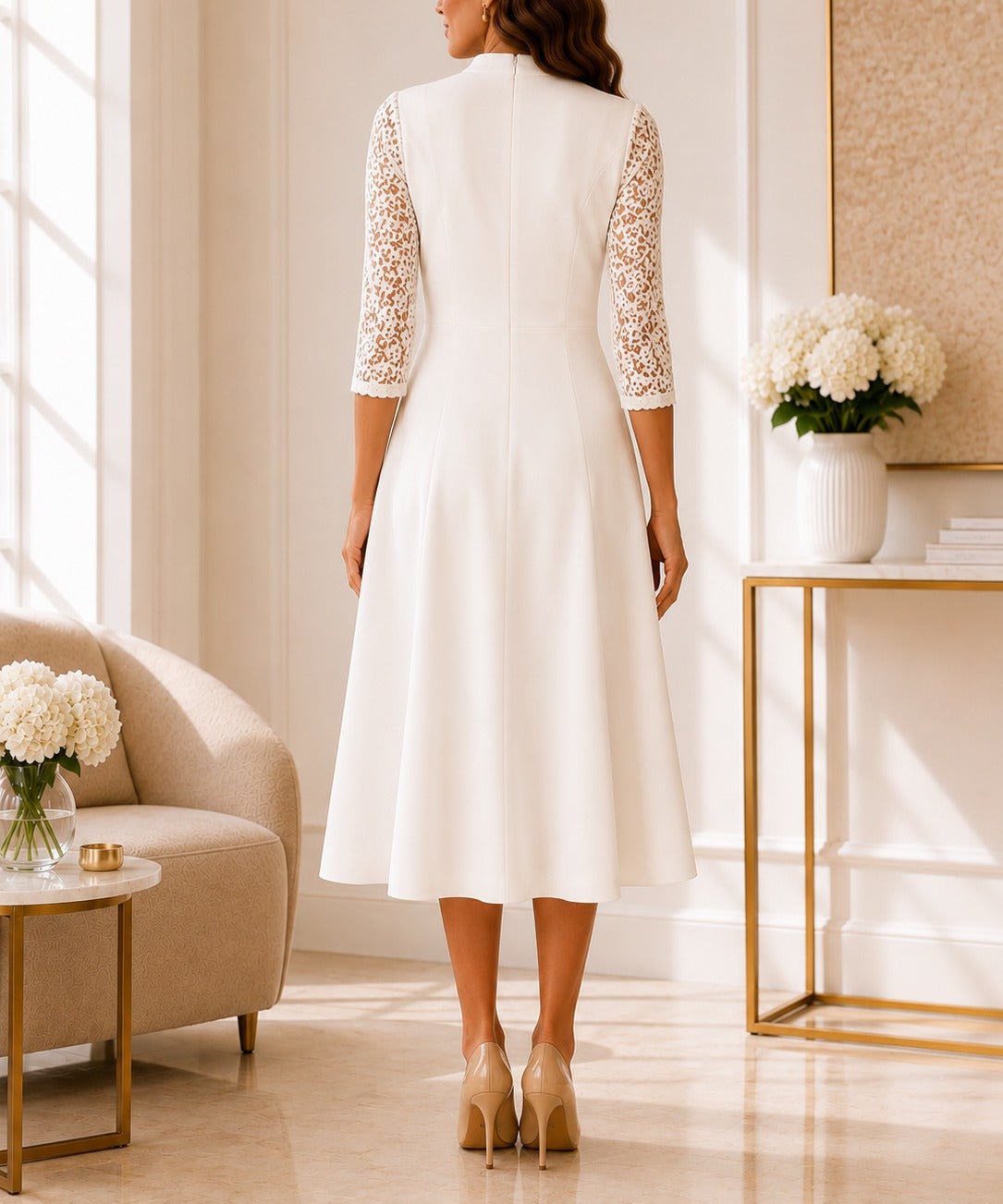 Ladies White V-notch Collar Lace Sleeve Dress - StylePhase SA