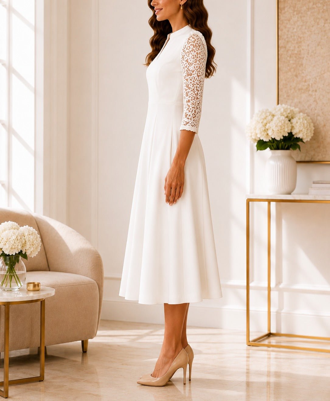 Ladies White V-notch Collar Lace Sleeve Dress - StylePhase SA